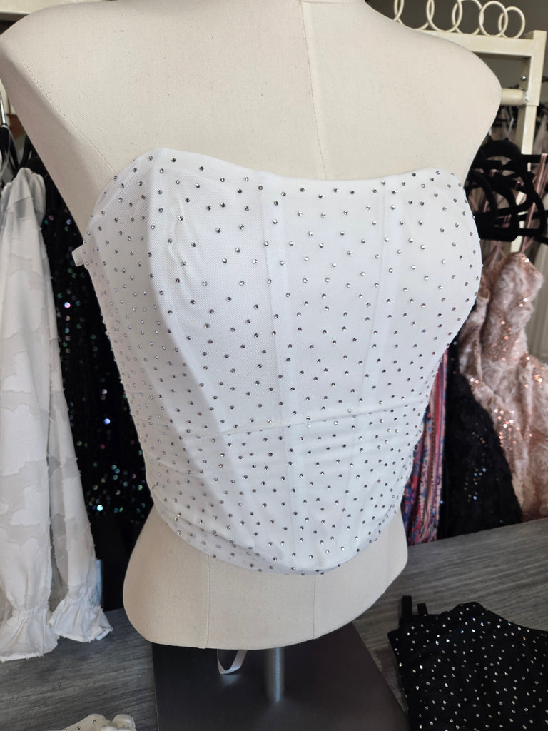 White Rhinestone Lace Up Corset