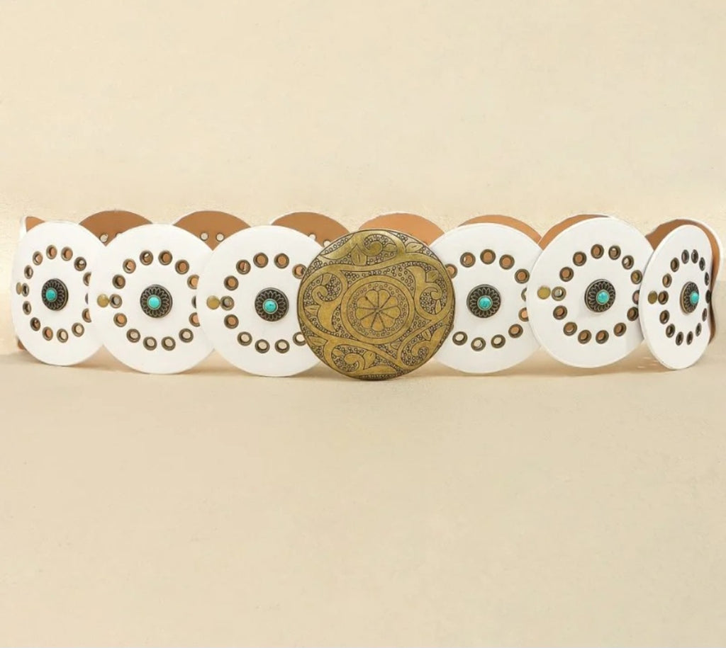 Western Round Disc White & Turquoise Y Belt