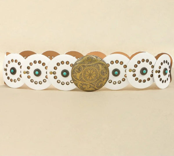 Western Round Disc White & Turquoise Y Belt