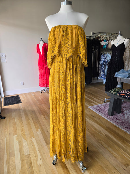 Mustard Off Shoulder Lace Maxi