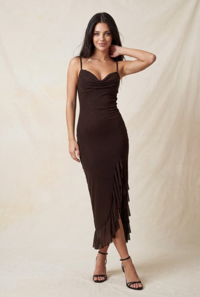 Brown Rhinestone Ruffle Dress