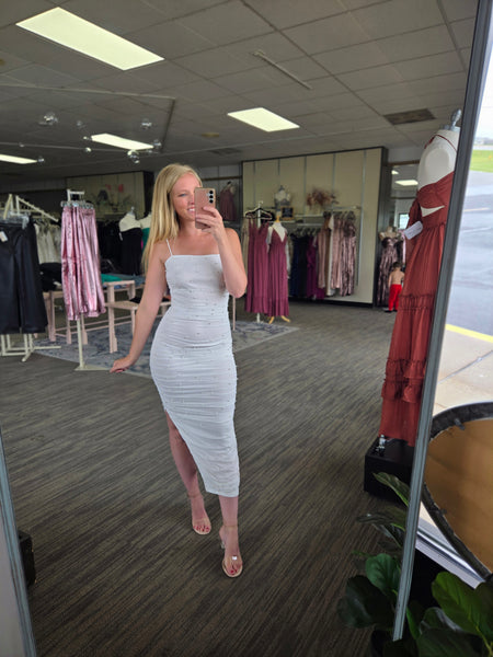 Ivory Pearl Mesh Bodycon Midi Dress