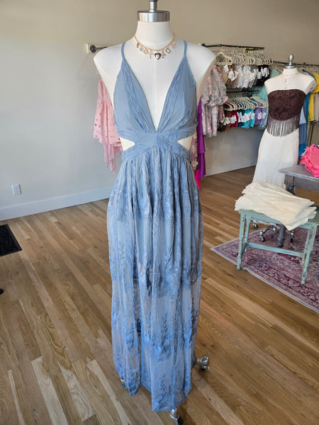 Dusty Blue Lace Maxi Dress with Cut Out