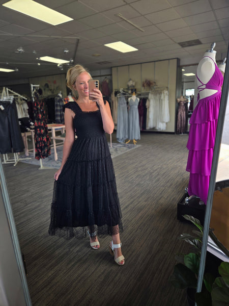 Black Tulle Smoked Midi Dress