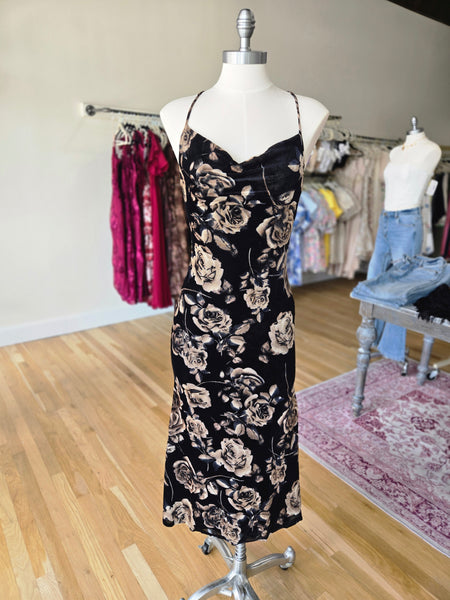 Velvet Cowl neckline Floral print Spaghetti straps