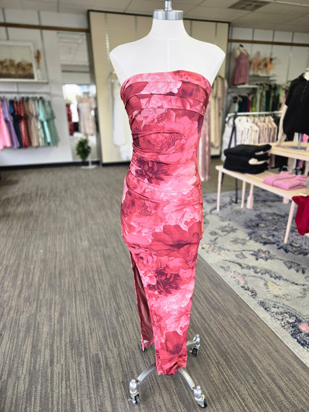 Red Floral Pleated Maxi Dress W/Slit