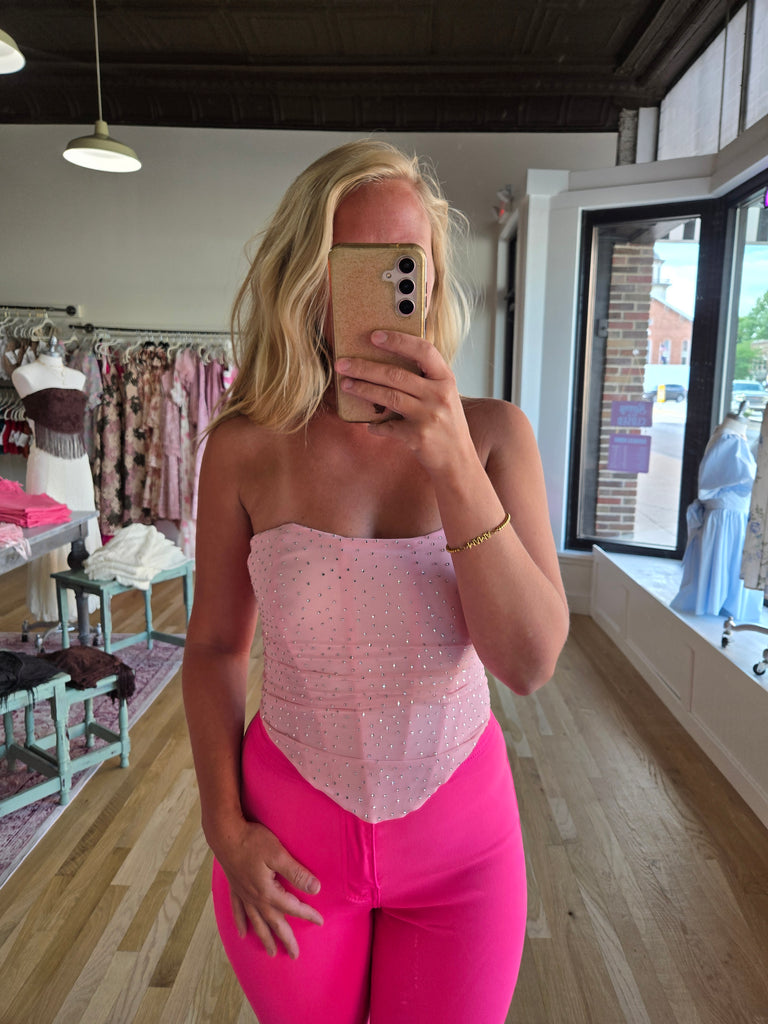 Pink Rhinestone Lace Up Corset