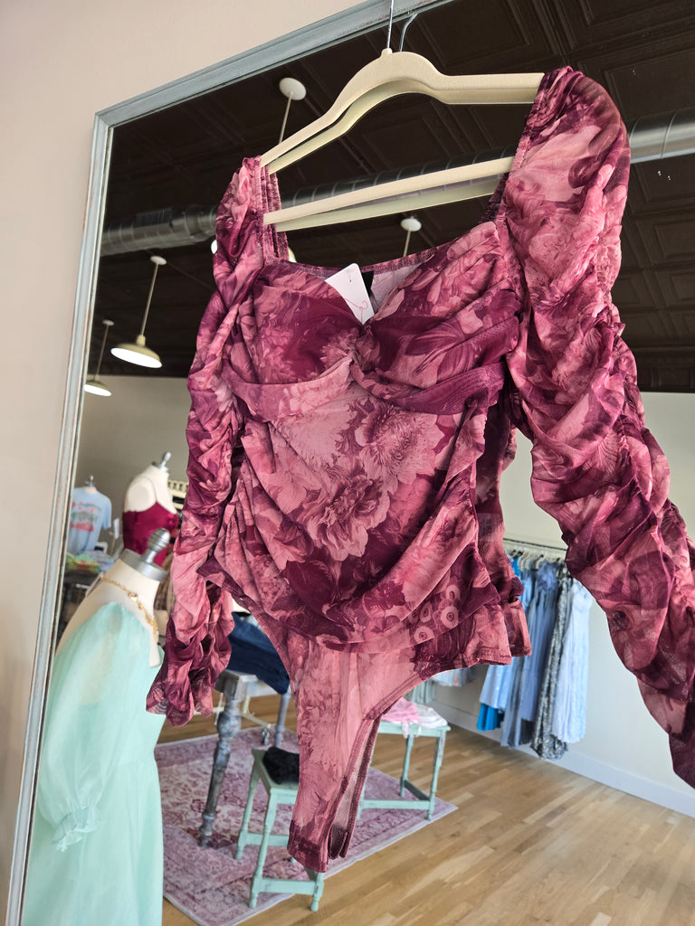 Wine Floral Mesh Bodysuit