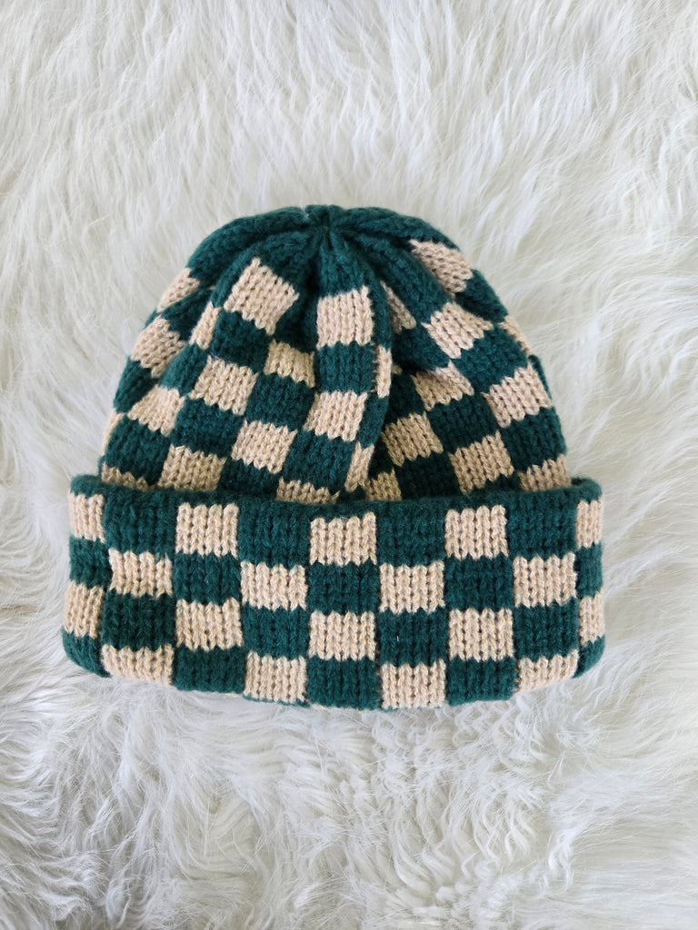 Green Checker Soft Plush Beanie Hat