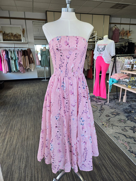 Pink Floral Strapless Midi Dress