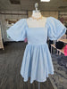 Blue Puff Sleeve Bow-back Mini Dress