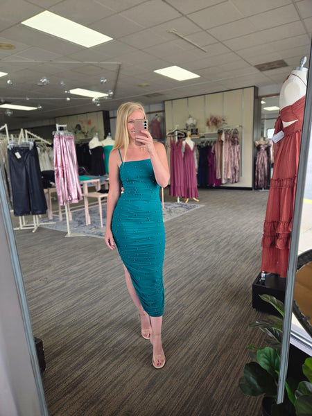 Teal Pearl Mesh Bodycon Midi Dress