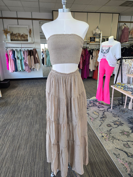 Taupe Smocked Tube Top & Tiered Skirt Set