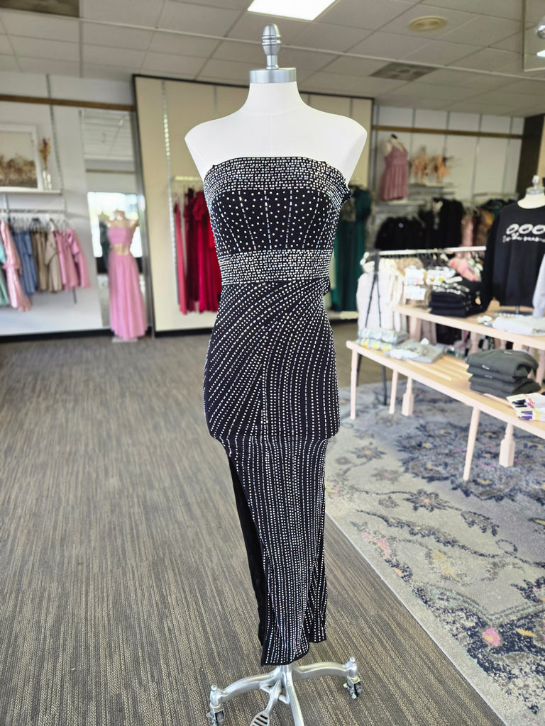 Black Rhinestone Strapless Slit Maxi Dress
