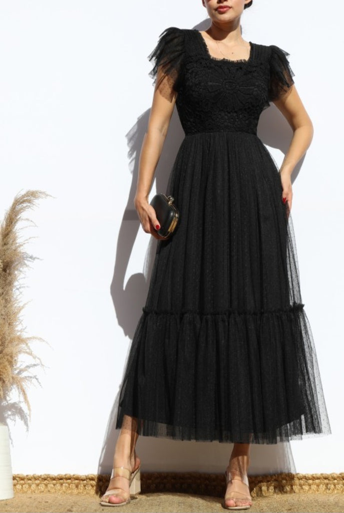 Black Crochet Mesh Midi Dress