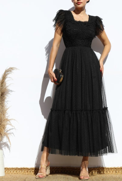 Black Crochet Mesh Midi Dress