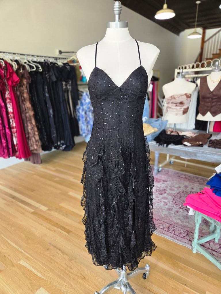 Black Clear Sequin Lace Midi Dress