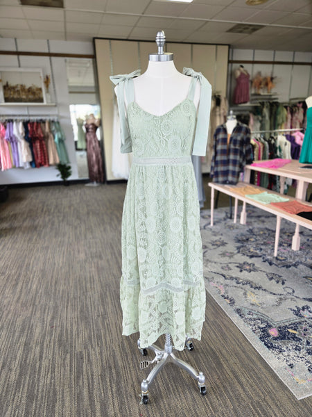Light Sage Tie Shoulder Lace Midi Dress