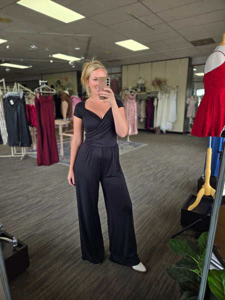 Black Ruched Surplice Palazzo Jumpsuit