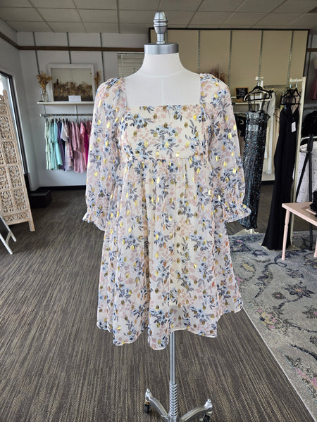 Beige Floral Foil Puff Sleeve Babydoll Dress