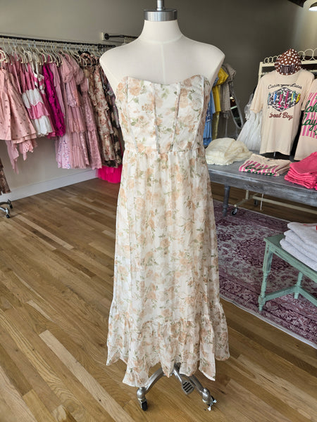 Light Khaki Floral Strapless Corset Midi Dress