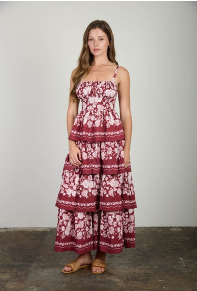 Wine Floral Tiered Maxi Dress