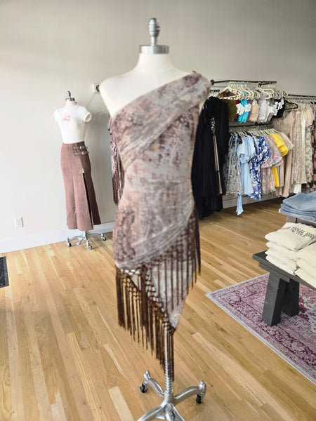 Brown Aztec Inspired Mesh Fringe Dress