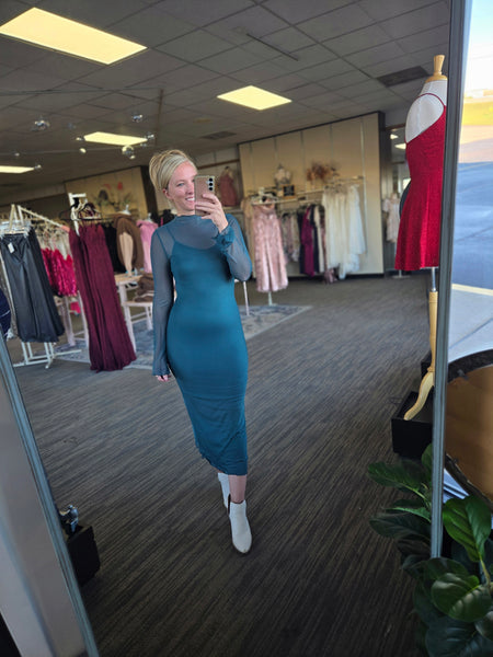 Teal Midi Sheer Mock W/Slip Dress