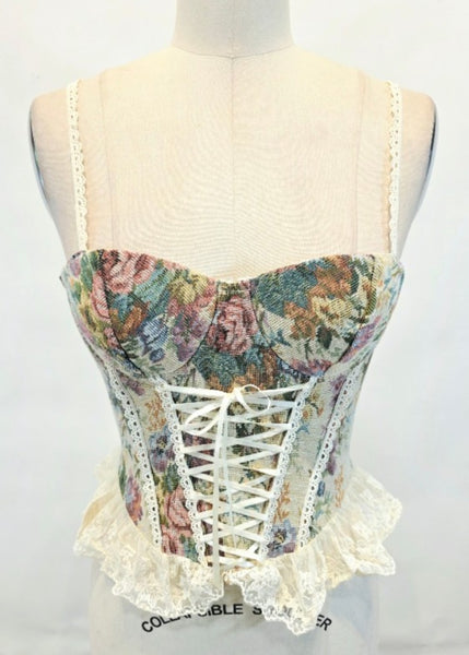 Floral Tapestry Corset Top W/Lace