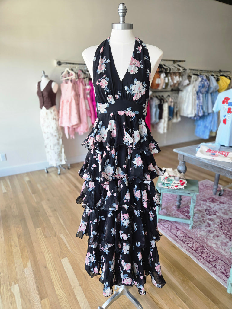 Black Floral Halter Maxi Dress