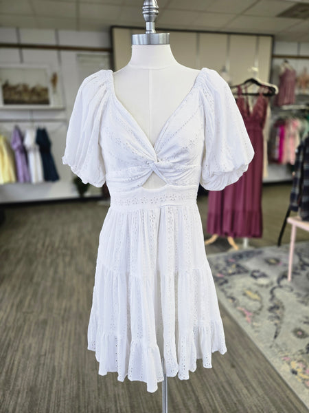 White Eyelet Lace Front Twist Mini Dress