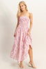 Pink Floral Strapless Midi Dress