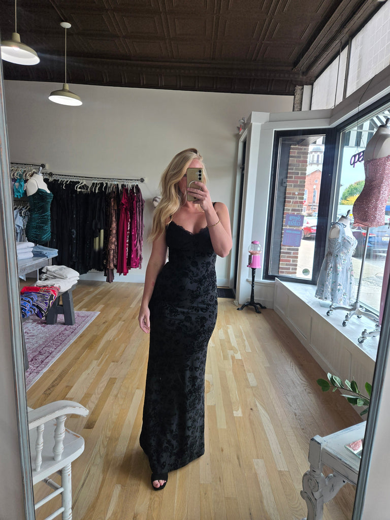 Black W/ Black Velvet Floral Maxi