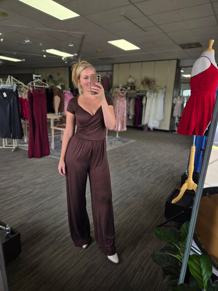 Cocoa Ruched Surplice Palazzo Jumpsuit