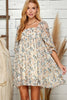 Beige Floral Foil Puff Sleeve Babydoll Dress