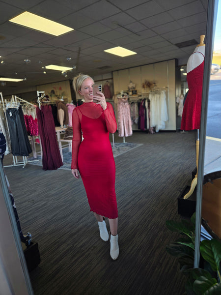 Red Midi Sheer Mock W/Slip Dress