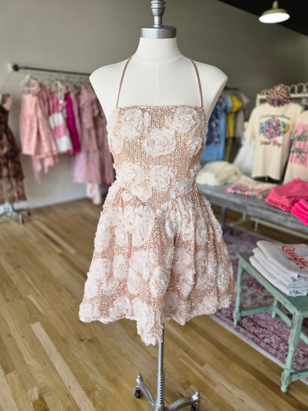 Rose Strappy Open Back 3d Sequin Lace Mini Dress