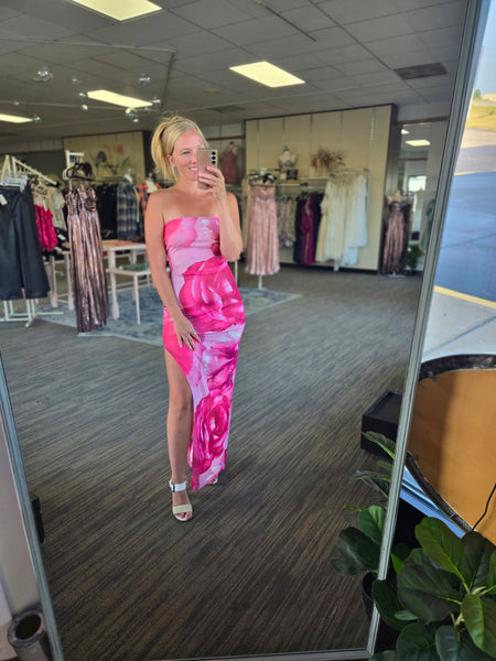 Pink Floral Tube Slit Maxi Dress
