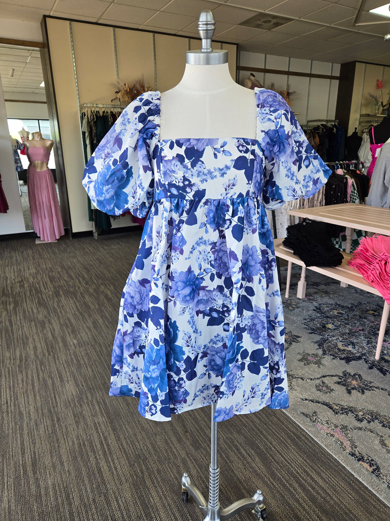 Blue and White Floral Babydoll Dress Small