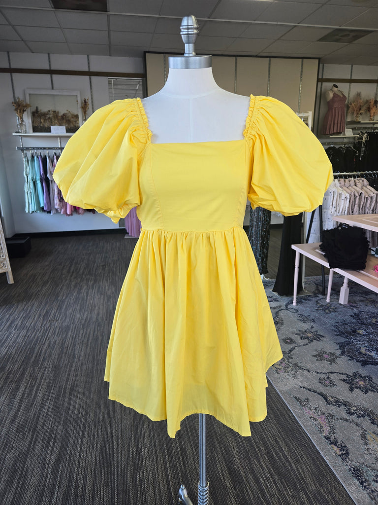 Yellow Puff Sleeve Bow-back Mini Dress