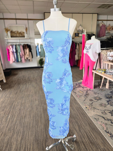 Blue Mesh Floral Embroidered Maxi Dress