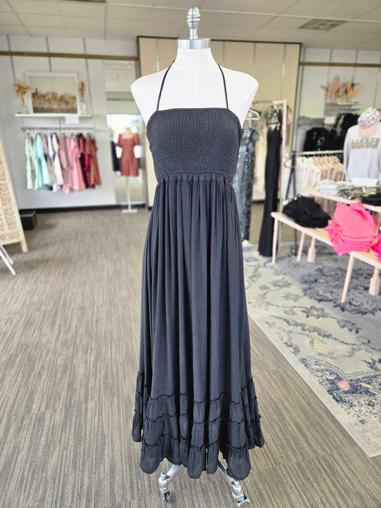 Black Smocked Halter Maxi Dress
