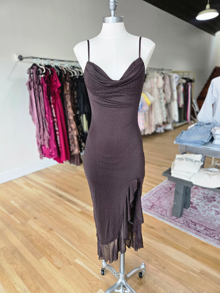Brown Rhinestone Ruffle Dress