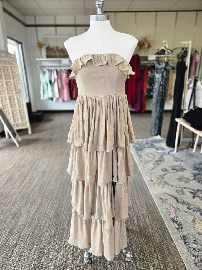 Taupe Tiered Strapless Ruffle Dress