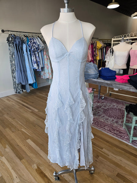 Light Blue Clear Sequin Lace Midi Dress