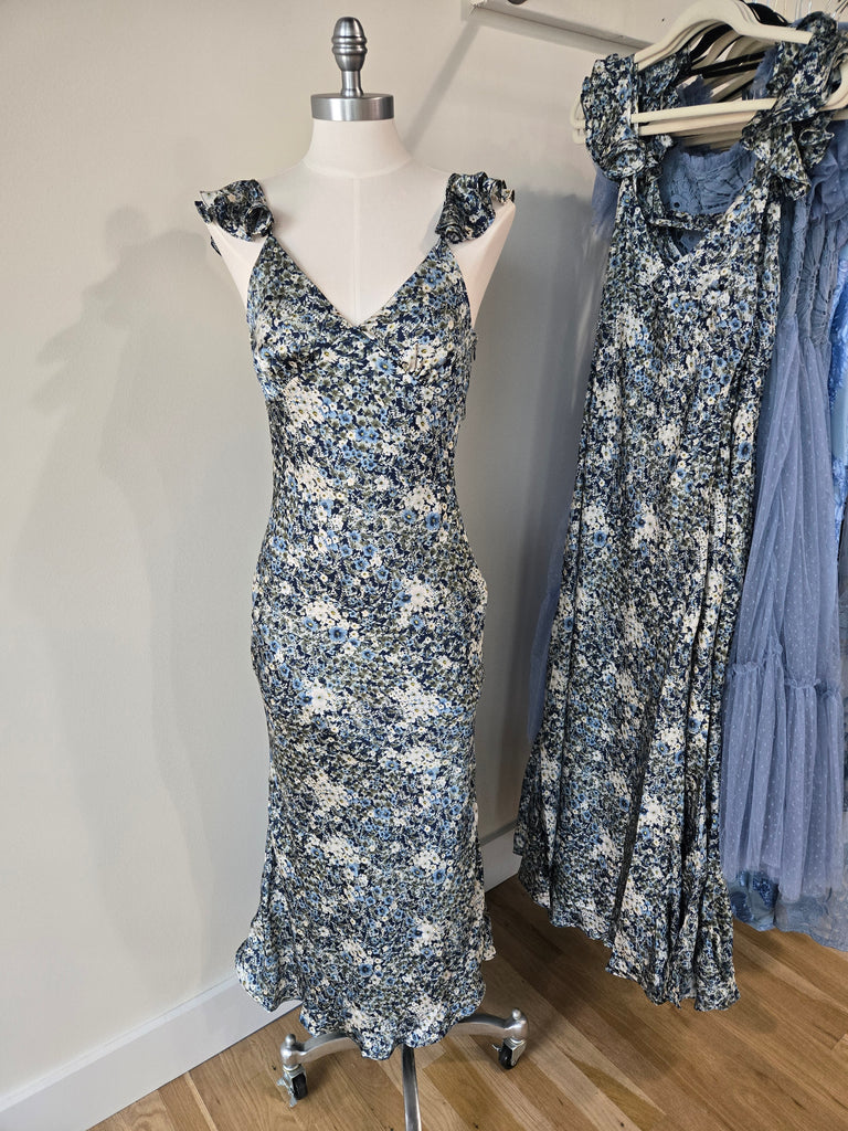 Denim Bloom Floral Flutter Shoulder Maxi Dress