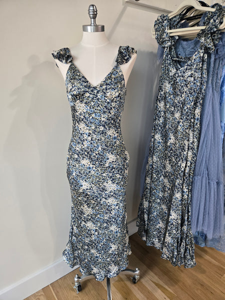 Denim Bloom Floral Flutter Shoulder Maxi Dress