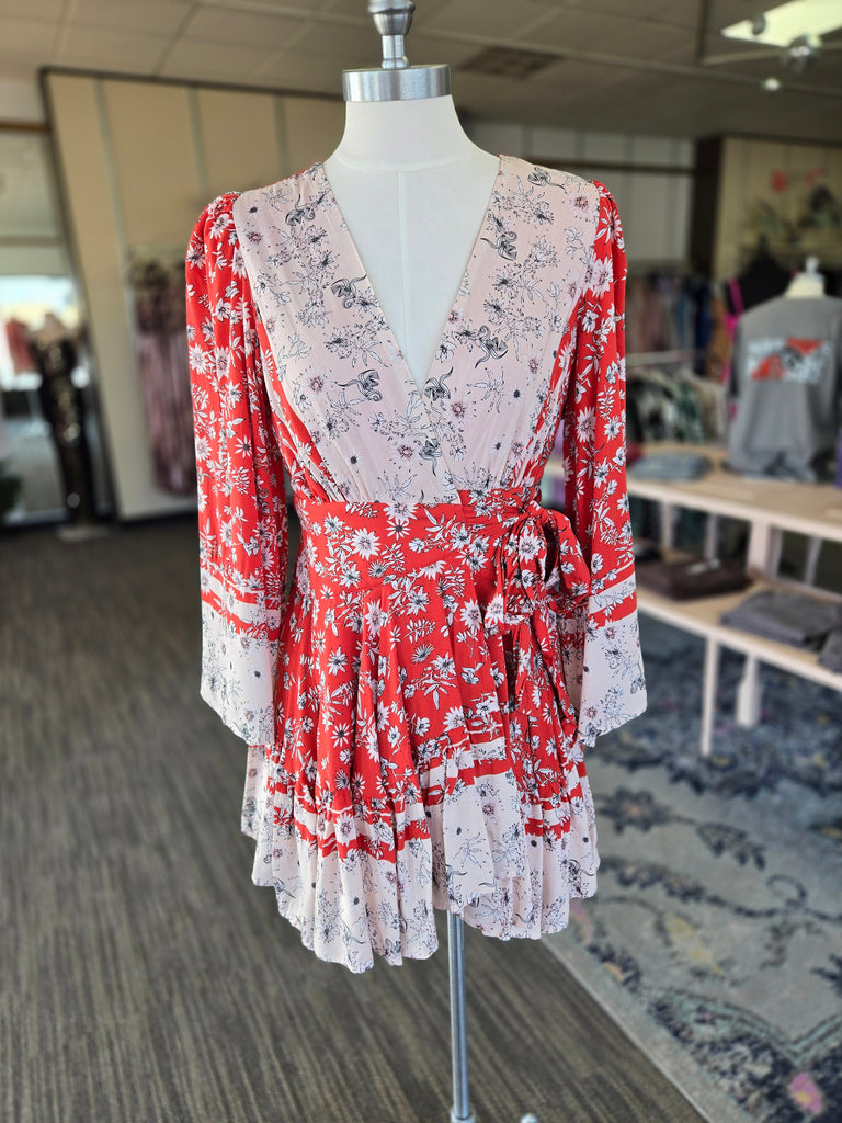 red floral wrap mini dress Womens Love & Roses Red Floral Ruffle Wrap Mini Dress US 18