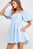 Blue Puff Sleeve Bow-back Mini Dress