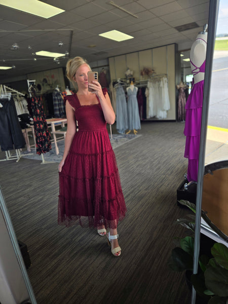 Burgundy Tulle Smoked Midi Dress